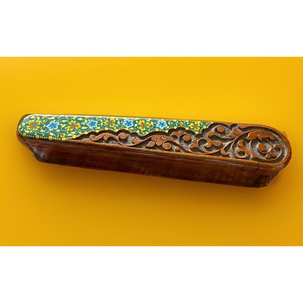 Vintage Wood Puzzle Box Hand Painted Floral Pencil Fan Holder 9"x1.5"x1.5"
